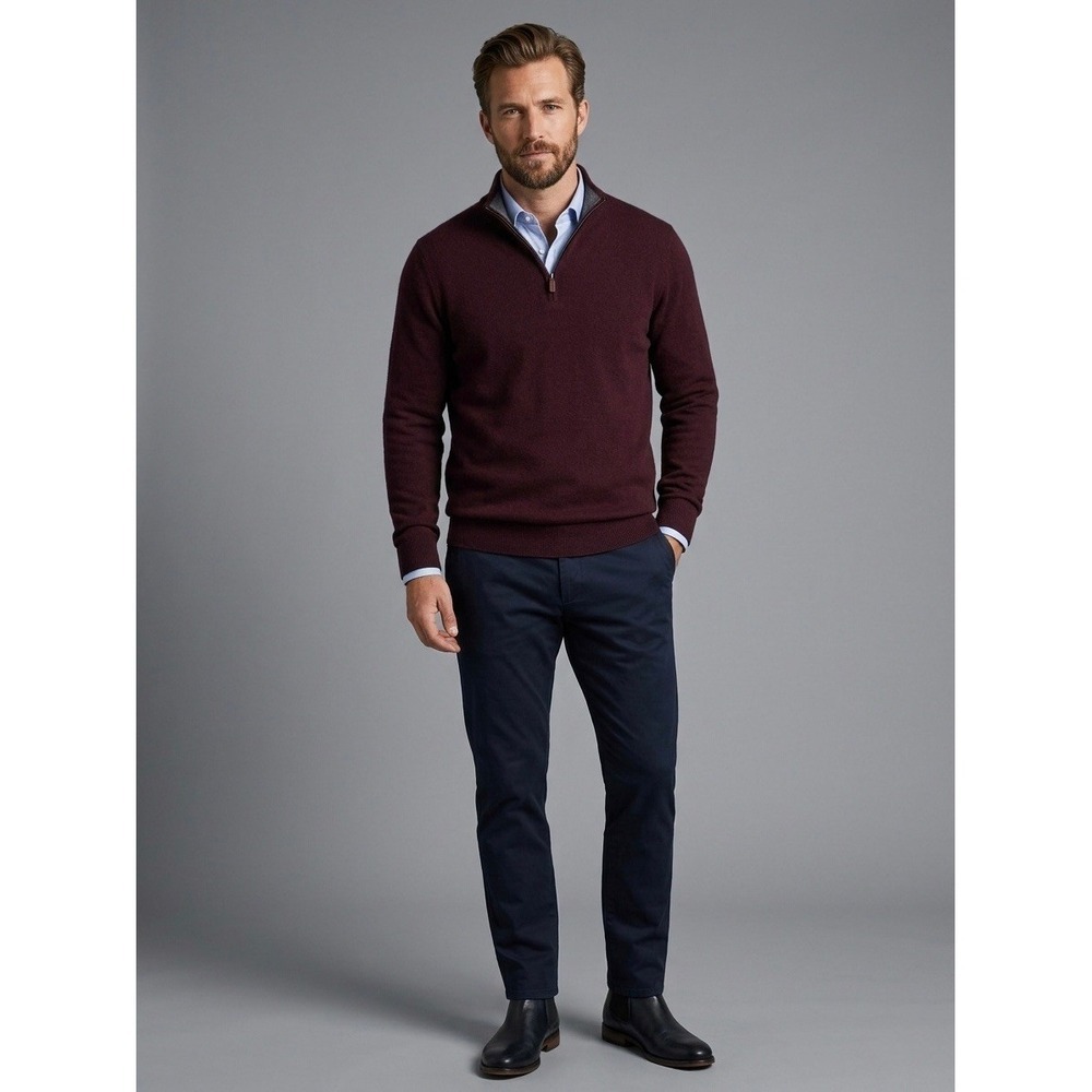 Charles Tyrwhitt XL Burgundy 100% Extra Fine Merino Wool Quarter Zip Sweater